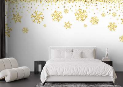 Golden decoration festive border falling glitter dust, snow and stars. Merry Christmas sale banner, special offer with gold snowflake on white background. Luxury vector illustration Wall mural