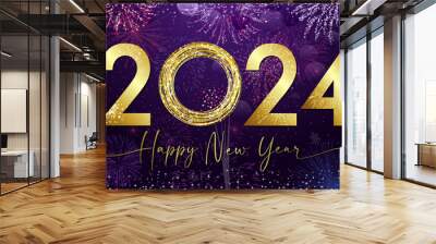 Golden shiny number 2024 and handwritten style text. A Happy New year greeting card concept with glittering background. Christmas night eve celebrating poster. Isolated elements. Graphic design. Wall mural