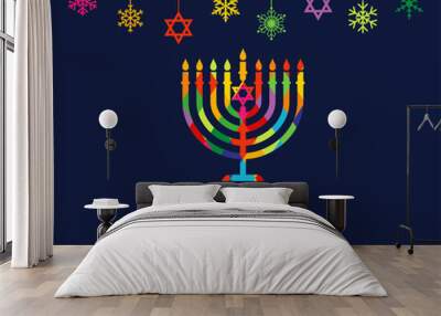 Happy Hanukkah, colored stained menorah, David stars and snow. Jewish holiday Hanukka, greeting card with traditional Chanukah colorful symbol candles. Vector illustration Wall mural