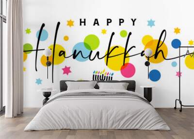 Happy Hanukkah, greetings banner with elegant lettering and colored stars. Jewish holiday Hanukka greeting card traditional Chanukah symbol menorah candles. Vector template Wall mural