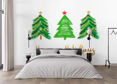 Happy Holidays, greeting card with decorative Christmas tree. Xmas and New Year golden and green colors pine, brush illustration isolated on white. Hand drawn graphics for winter holiday design Wall mural