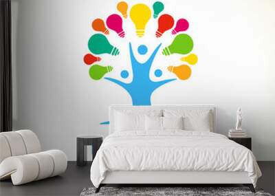 Ideas tree logo, human tree creative vector template. New idea symbol with people tree concept and stylized colorful lightbulbs Wall mural