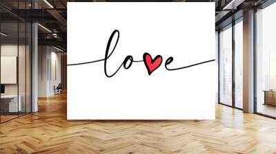 Love - continuous line cursive text. Lettering typography design with word love and doodle heart. Elegant vector print for t-shirt, poster, card, banner valentine day, wedding Wall mural