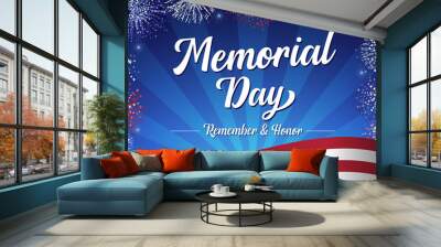 Memorial Day, Remember and Honor handwritten lettering and fireworks. Celebration design for american holiday with text and flag on blue beams background. Special offer vector illustration Wall mural