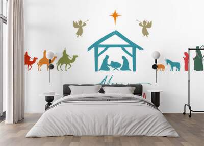 Merry Christmas. Mary, Joseph, Jesus in manger, wisemen, shepherds, angels and Bethlehem star. The birth of Christ, Holy night vector colored illustration Wall mural