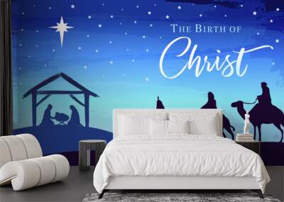 Nativity scene with Bethlehem star, Jesus in manger and wise men. Holy family with The birth of Christ calligraphy. Vector illustration Mary, Joseph and three kings Wall mural