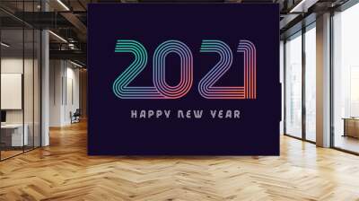 New Year 2021 colored line design firework multicolored shining on blue vector background. Realistic 3d digital numbers sign concept on violet, holiday cover, poster or banner design Wall mural