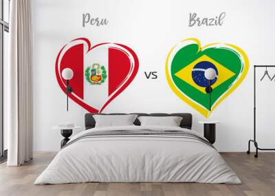 Peru vs Brazil, national team soccer flags on white background. Brazilian and Peruvian flag in heart, logo vector. Football world championship of the competition Copa America 2019 Wall mural