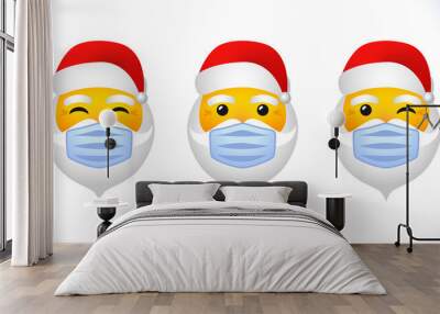 Santa Claus Xmas banner. Winter white background, bright character faces speaking ho-ho-ho. Decorative icon. Isolated abstract graphic design template. Online emoji. Merry Christmas lockdown congrats. Wall mural