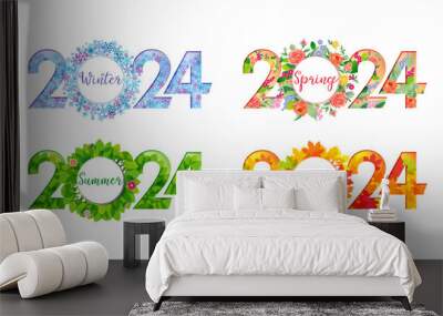 Set of creative number logos 2024. Happy New Year 2024 or happy winter, spring, summer and autumn seasons. Icon design. Seasonal decorations. Web banner concept. Decorative snowy or floral ideas Wall mural