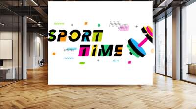 Sport time creative concept with colored dumbbell and memphis background. Vector illustration for fit gym sport design or bodybuilder symbol Wall mural