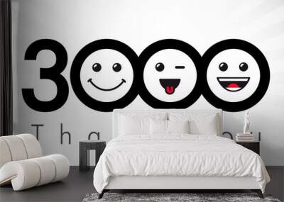 Thank you 3000 followers numbers. Congratulating black and white thanks, image for net friends in 3 three colors, customers likes, % percent off discount. Round isolated emoji smiling people faces. Wall mural