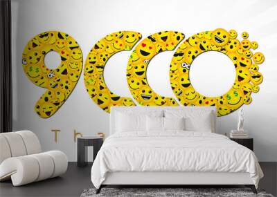 Thank you 9 000 followers logotype. Congratulating bright 9.000 networking thanks, net friends yellow symbol, 9000k sign with people faces. Isolated smiling numbers. Abstract graphic design template. Wall mural