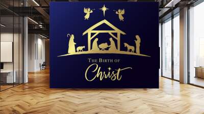 The Birth of Christ, Christmas nativity scene golden card. Mary, Joseph, baby Jesus in manger and shepherd in silhouette with angels and Bethlehem star. Vector illustration Wall mural