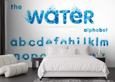 Water drops font, funny blue alphabet, letters and waves. Mineral natural water vector abc icon design  Wall mural