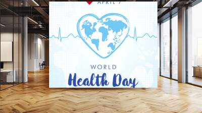 World health day 7 April lettering and heartbeat square banner. World map in heart brush stroke frame the normal cardiogram. Isolated abstract graphic design template. Creative medical blue background Wall mural