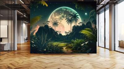 Fantastic jungle in the evening, big moon in the sky, wallpaper, created with Generative AI technology. Wall mural