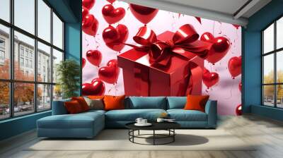 Beautiful shiny red gift box with big bow and heart-shaped balloons on pink background, top view Valentine's Day gift, holiday surprise, declaration of love. Valentine's Day card concept. Celebrities Wall mural