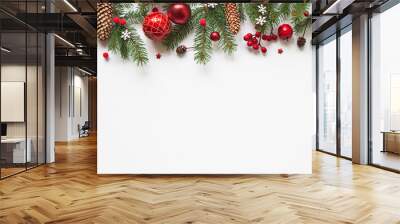 Christmas or new year background,simple composition of christmas decoration red balls,cones,snowflakes and fir branches on white background,flat lay,empty space for greeting text,copy spaes Wall mural