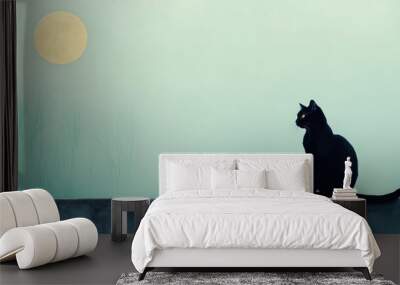 Black cat sits on wall under full moon in pastel blue background with silhouettes of bare branches , calm mystical atmosphere evoking mystery and wonder in night landscape. National Black Cat Day Wall mural