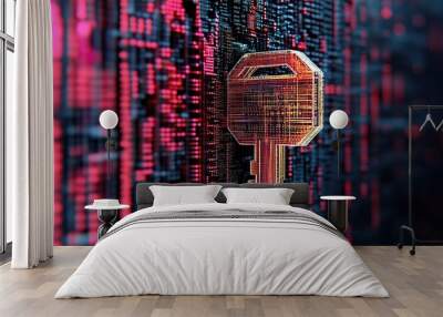 Digital key against blurred binary data background in vibrant red and blue colors representing cybersecurity and data protection concept illustrated with a modern and sleek design Wall mural