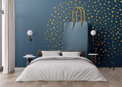 Elegant Black Cardboard Paper Bag with Gold Handles on Blue Background with Gold Confetti - Perfect for Luxury Shopping and Gift Presentation Wall mural