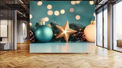 Festive Christmas Ornaments with Pine Branches and Lights for Ho Wall mural