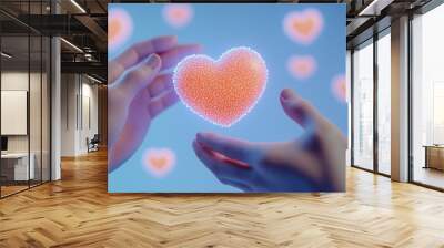 hands holding glowing heart symbol on soft blue background with floating hearts in pastel colors representing love, care, and connection in a digital art style Wall mural