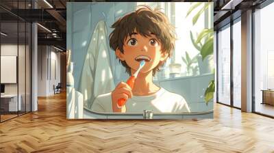 A cheerful young boy brushes his teeth in a bright and plant-filled bathroom, reflecting a healthy morning routine, in a cartoon style
 Wall mural