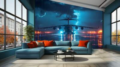 A dramatic scene of an airplane on a runway illuminated by lightning, embodying the power of nature during a stormy night. Wall mural