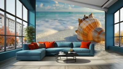 A smooth shell on white sand, peaceful and beachy Wall mural