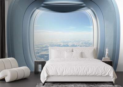 Aerial view from an airplane window showcasing fluffy clouds under a clear blue sky, isolated on white background, transparent background Wall mural