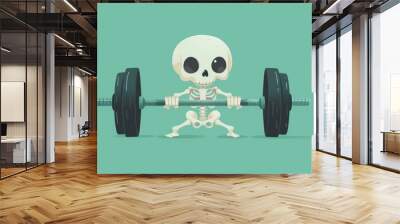 Cartoon skeleton lifting heavy barbell in a humorous, colorful illustration. Perfect for Halloween, fitness, and comic themes. Wall mural