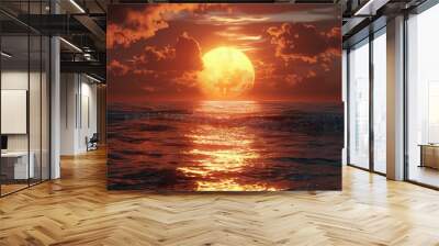 The sunrise illuminates a bitcoin on the horizon, depicting the dawn of a new era in global finance powered by cryptocurrency Wall mural