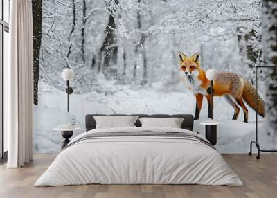 A bright orange fox standing in a black and white winter forest covered in snow Wall mural