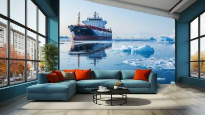 A cargo ship navigating through icy waters in the Arctic, with icebergs floating nearby, the ship s hull breaking through thin layers of ice, and a clear sky above, highlighting the challenges of Wall mural