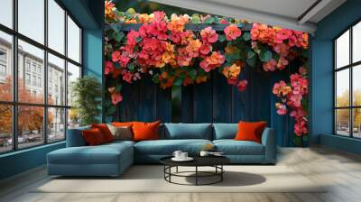 A colorful flowering bougainvillea vine climbing a rustic wooden trellis, bathed in warm evening light, evoking tropical beauty, outdoor elegance, and natural vibrancy Wall mural