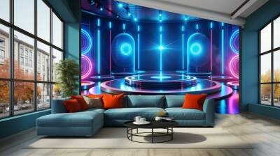 A sleek, futuristic podium with glowing neon circles and holographic screens, set against a dark, digital background. The platform is surrounded by floating virtual elements, giving a sense of Wall mural