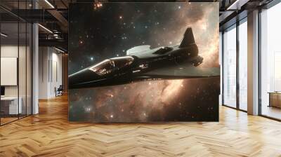 A sleek, streamlined spacecraft traveling through the cosmos, with nebulae and distant stars lighting up its path Wall mural