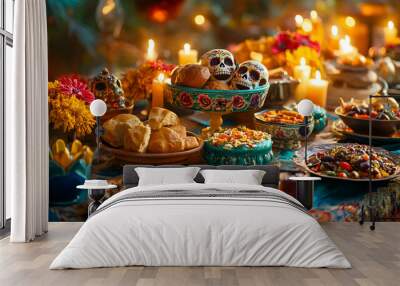 A table filled with colorful sugar skulls, pan de muerto, and traditional Mexican dishes, ready to be offered at a Day of the Dead altar, with candles softly glowing in the background Wall mural