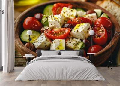 A vibrant salad featuring chunks of feta cheese, ripe cherry tomatoes, cucumbers, and olives, drizzled with olive oil and sprinkled with oregano, served in a rustic bowl on a wooden table with a side Wall mural