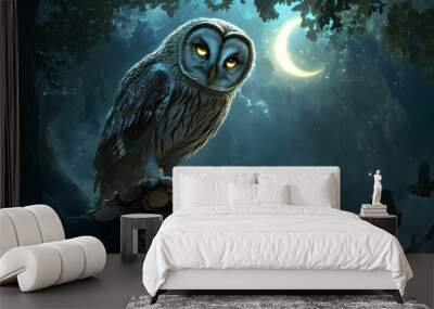 A wise owl perched on a pile of ancient coins, its eyes glowing with intelligence, with a mystical nighttime forest scene and a crescent moon in the background Wall mural