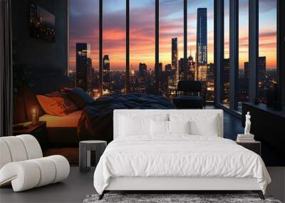 Chic bed with geometric bedding in a stylish, urban apartment, the room decorated with matching modern furniture, sleek metal accents, and a floor-to-ceiling view of the city skyline at sunset Wall mural