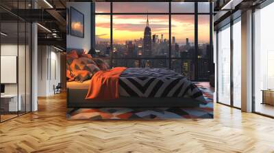 Chic bed with geometric bedding in a stylish, urban apartment, the room decorated with matching modern furniture, sleek metal accents, and a floor-to-ceiling view of the city skyline at sunset Wall mural