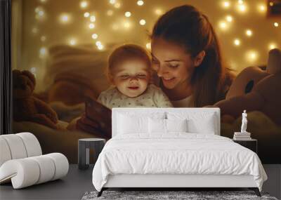 In a softly lit bedroom, a mother and her child are snuggled up in bed, reading a bedtime story. The room is filled with plush toys neatly arranged around them, and twinkling fairy lights hang above, Wall mural