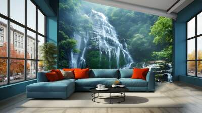 Majestic waterfall cascading down a rocky cliff, surrounded by lush green vegetation and mist creating a magical ambiance Wall mural