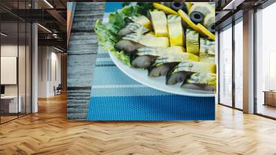 on wooden old table mackerel and herring Wall mural