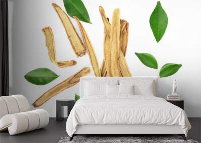 Top view of Slice Licorice roots on white background Wall mural