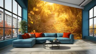 114. Nature Walk, realistic style, earth tones, nature-inspired pattern, eye level, golden hour, light rays, Wall mural