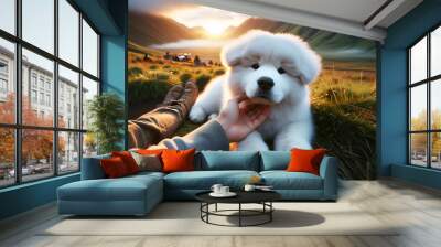 A happy puppy playing on the beach with a fluffy white dog and a playful samoyed in a sunny park Wall mural